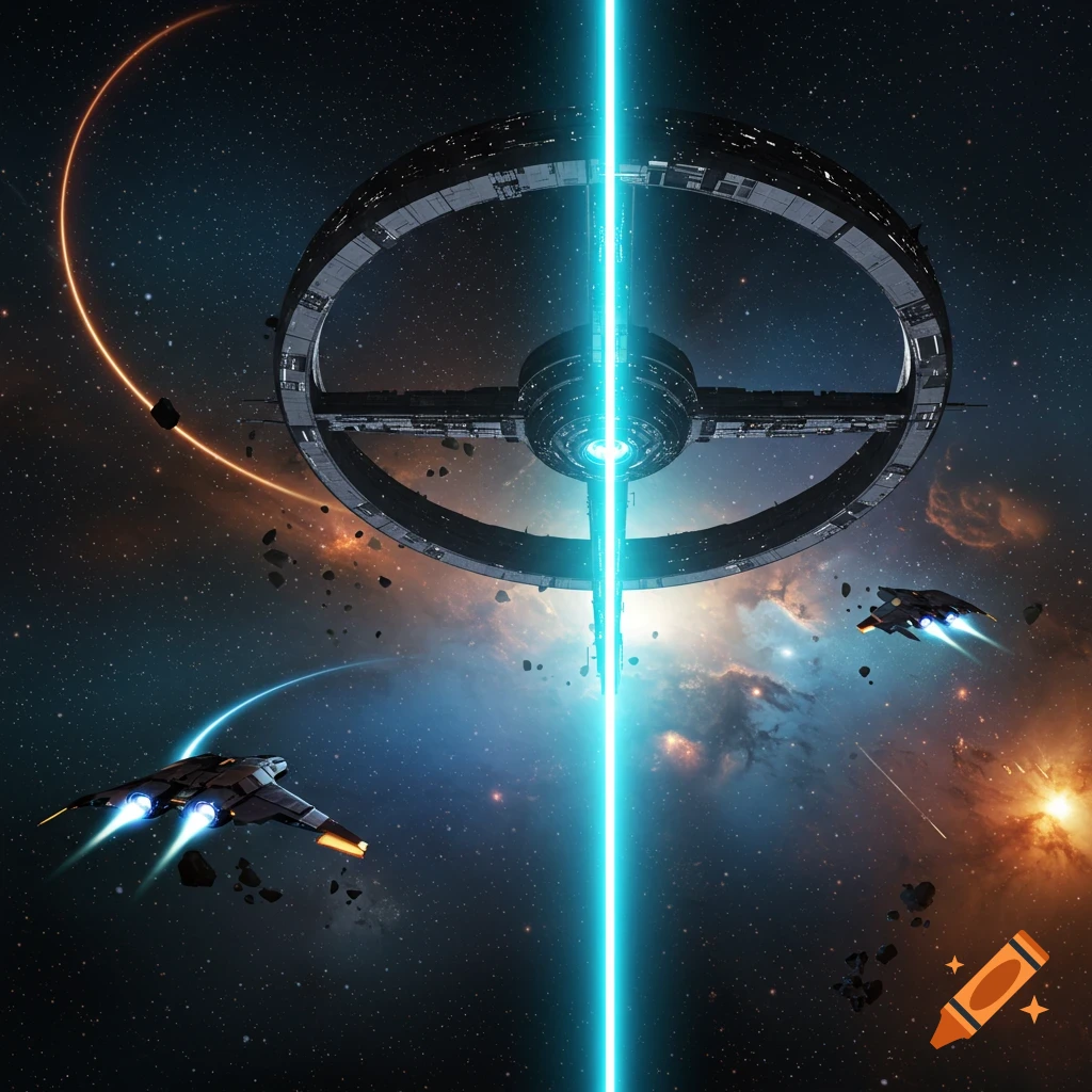 A vibrant sci-fi space scene with a large circular space station, a bright blue laser beam, and two spaceships.