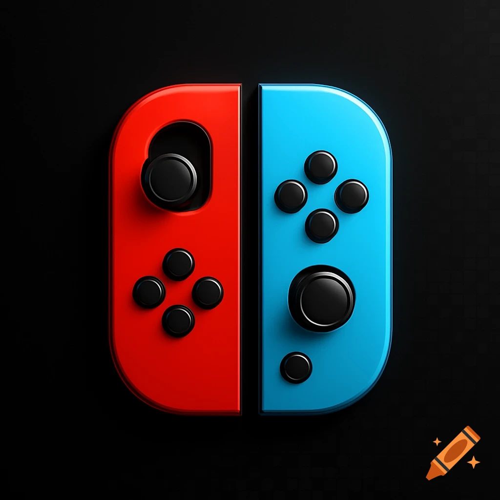 Stylized red and blue Nintendo Switch Joy-Con controllers on a dark background.