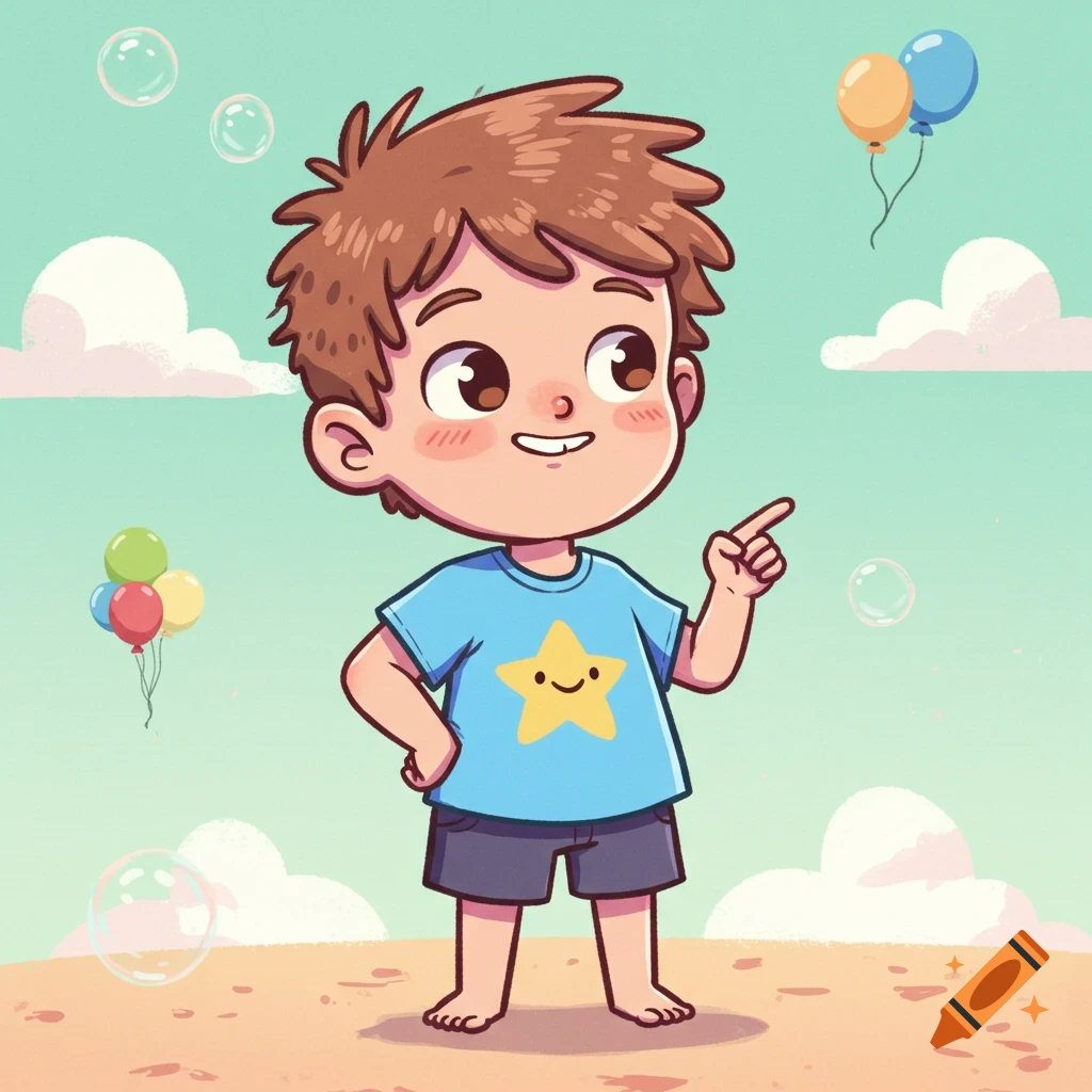 A cute cartoon boy in a blue star shirt and shorts smiles and points on a sandy beach, with balloons and bubbles in a blue sky.