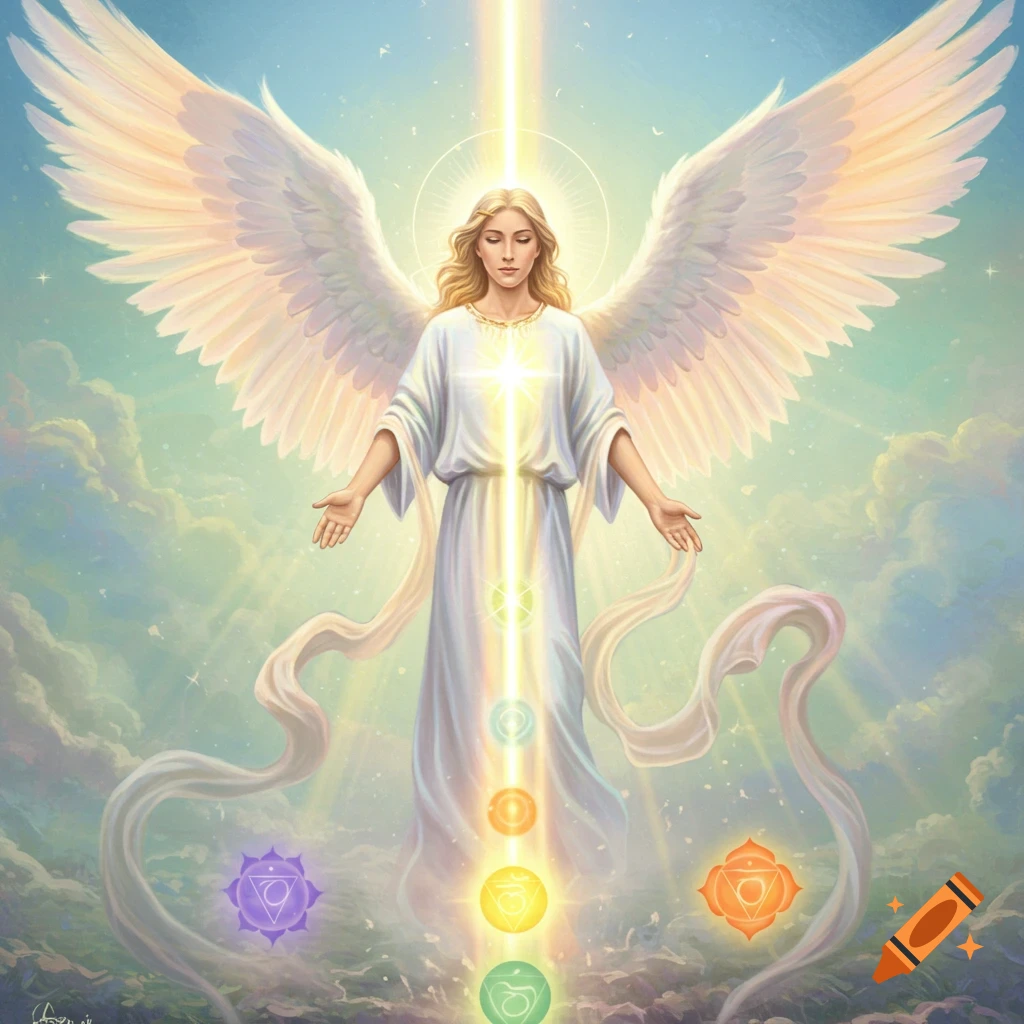 A glowing angel with large white wings and blonde hair, standing with arms outstretched as a beam of light passes through their body, illuminating seven colorful chakras along their torso, set against a cloudy sky.