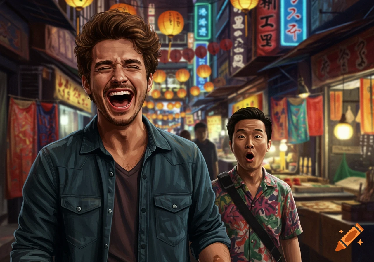 A man with curly brown hair laughs hysterically in an urban market with lanterns, while an Asian man behind him looks surprised.