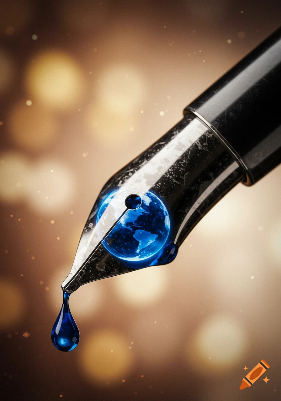 Close-up of a fountain pen nib with a glowing blue globe inside a dripping ink droplet, set against a blurred bokeh background.