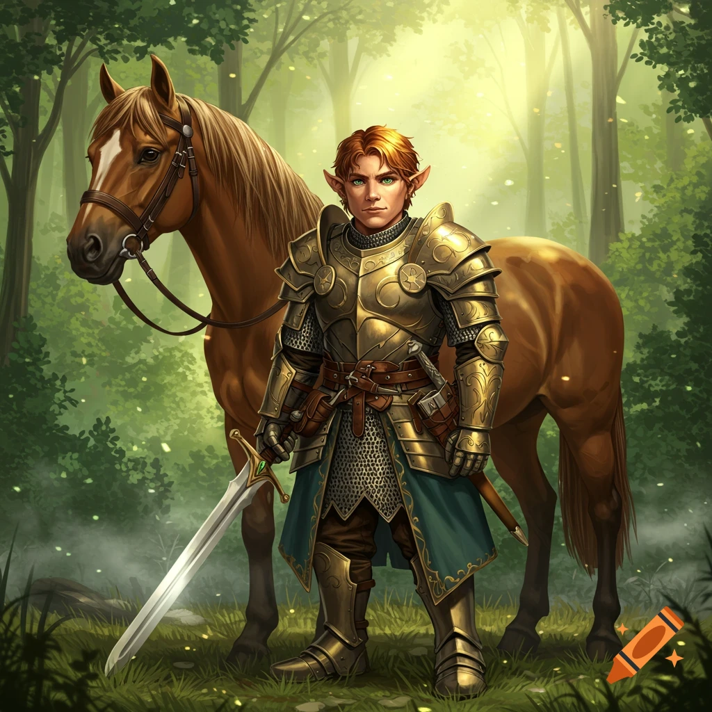 An elf-like male paladin in golden plate armor holding a sword stands next to a brown horse in a sun-dappled forest.