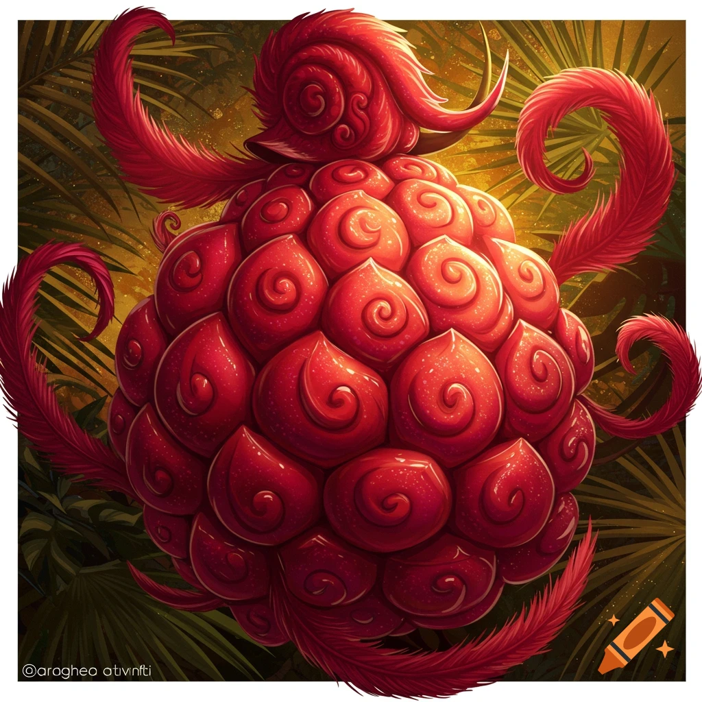 A vibrant red, round, scaled fantasy fruit with swirling patterns and feathery tendrils, set against a dark green jungle background.