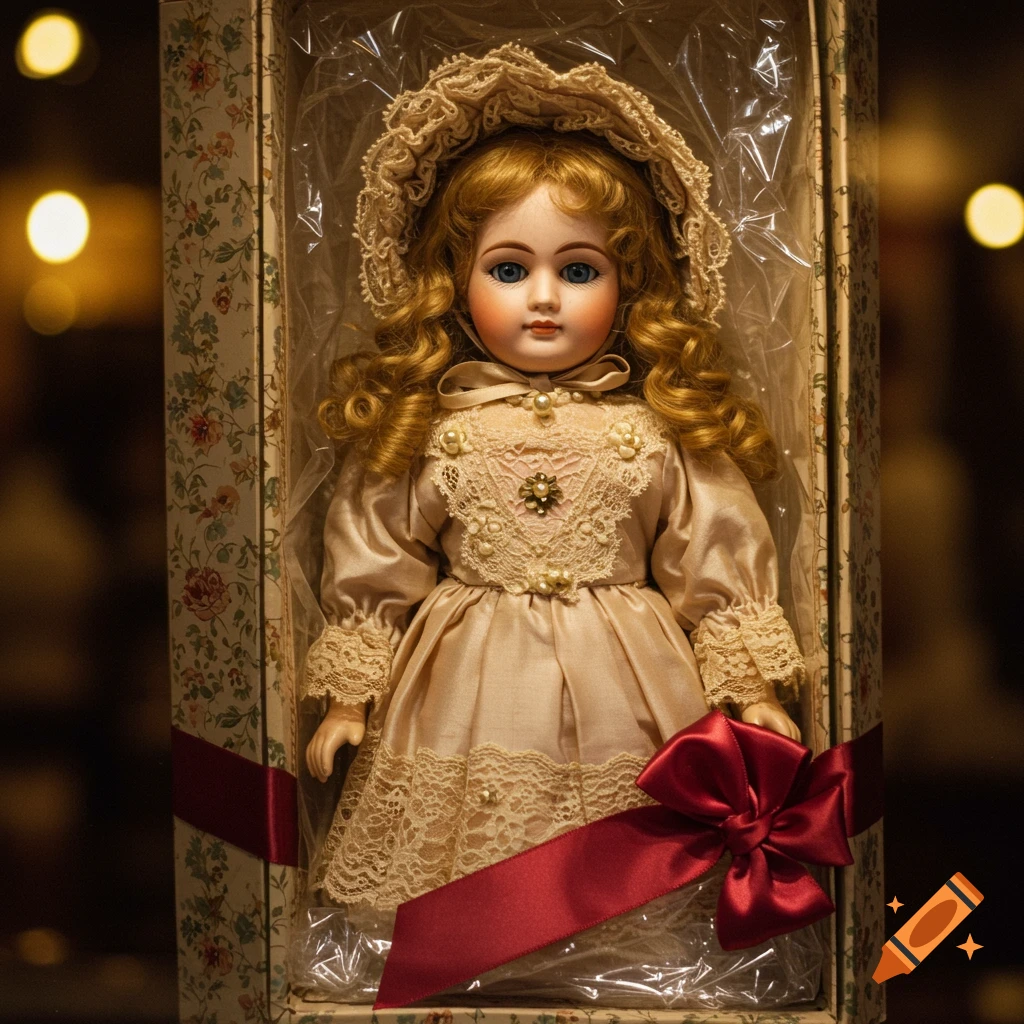 A vintage-style doll with blonde curly hair and blue eyes in a beige dress, displayed in a floral box with a red ribbon.