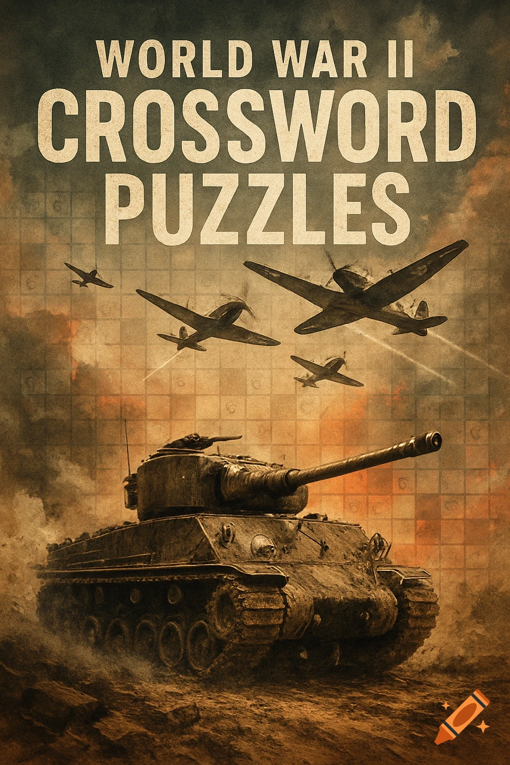 Vintage-style book cover for 'World War II Crossword Puzzles' featuring a tank and fighter planes against a cloudy sky.