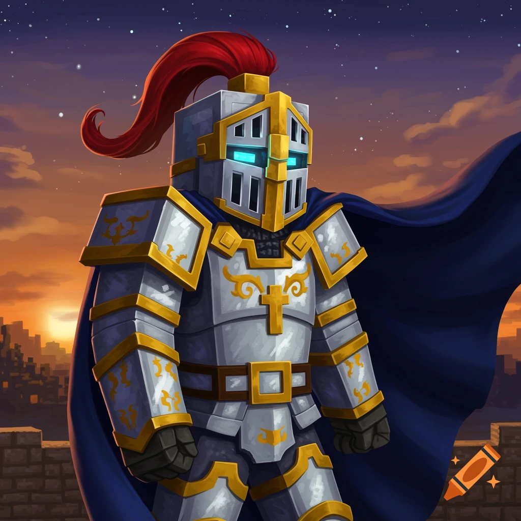 A blocky knight in silver and gold armor with glowing blue eyes and a red helmet plume stands on a wall against a twilight sky.