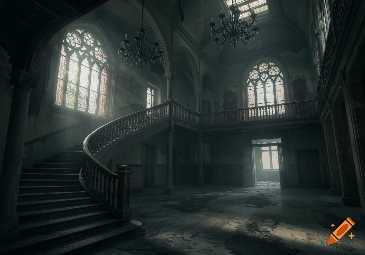 A grand, abandoned Gothic hall with a sweeping staircase, stained-glass windows, and chandeliers, lit by sunbeams.