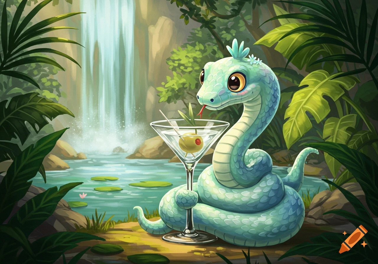 A cute light blue cartoon snake holding a martini glass with an olive, sitting by a pond with a waterfall in a lush jungle.