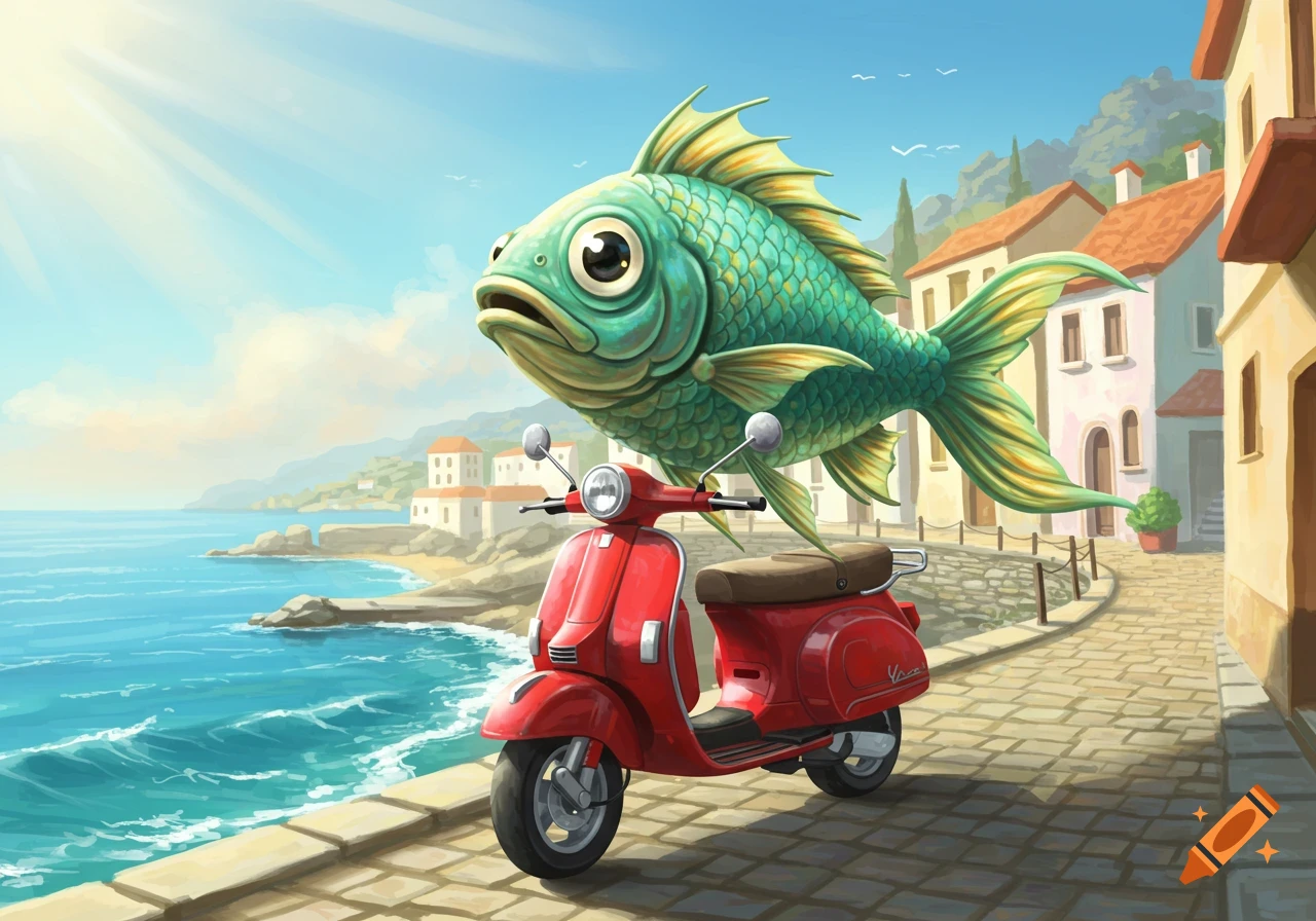 A large cartoonish green fish rides a red Vespa scooter along a stone path by the blue sea in a Mediterranean village.