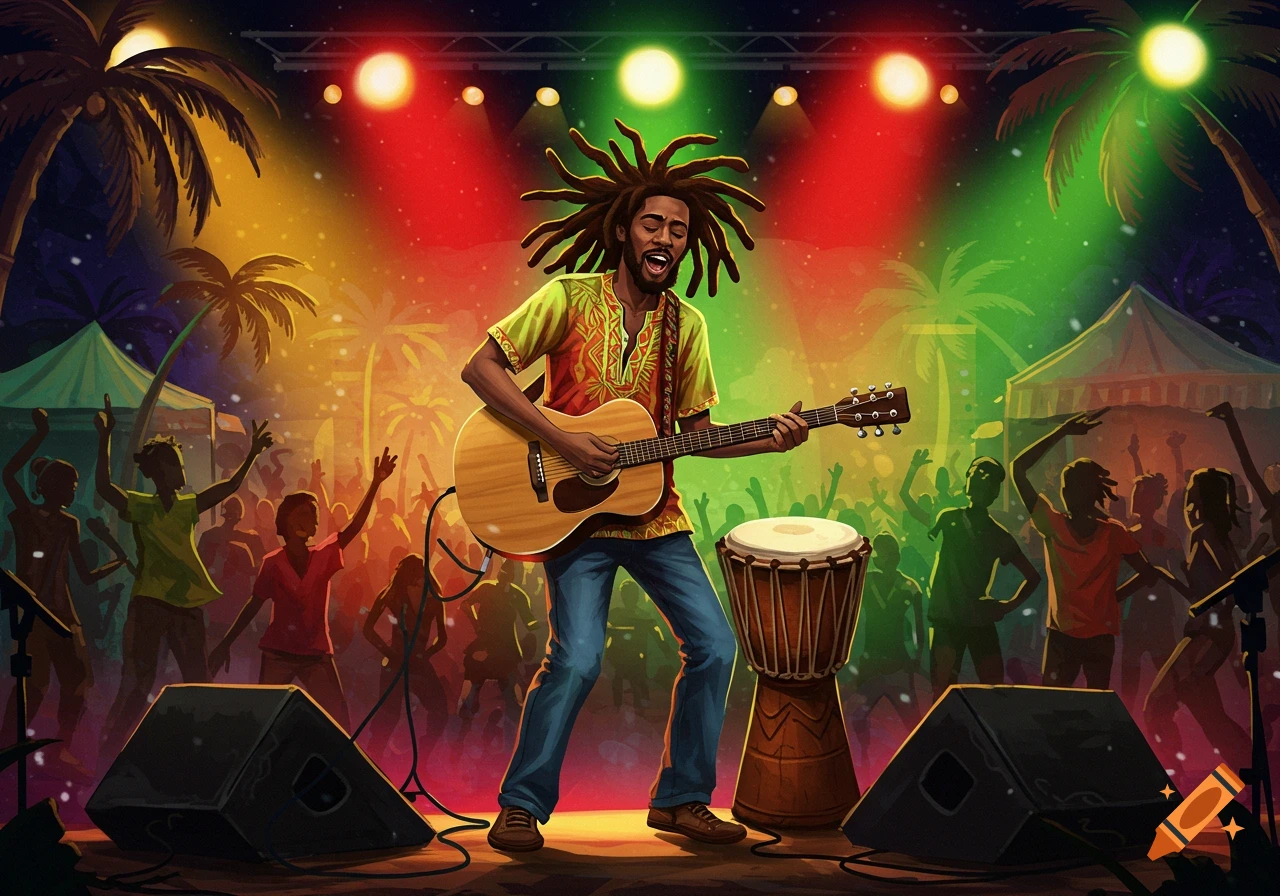 A dreadlocked man plays an acoustic guitar on a vibrant stage under red, yellow, and green lights, with a djembe drum and a dancing crowd.