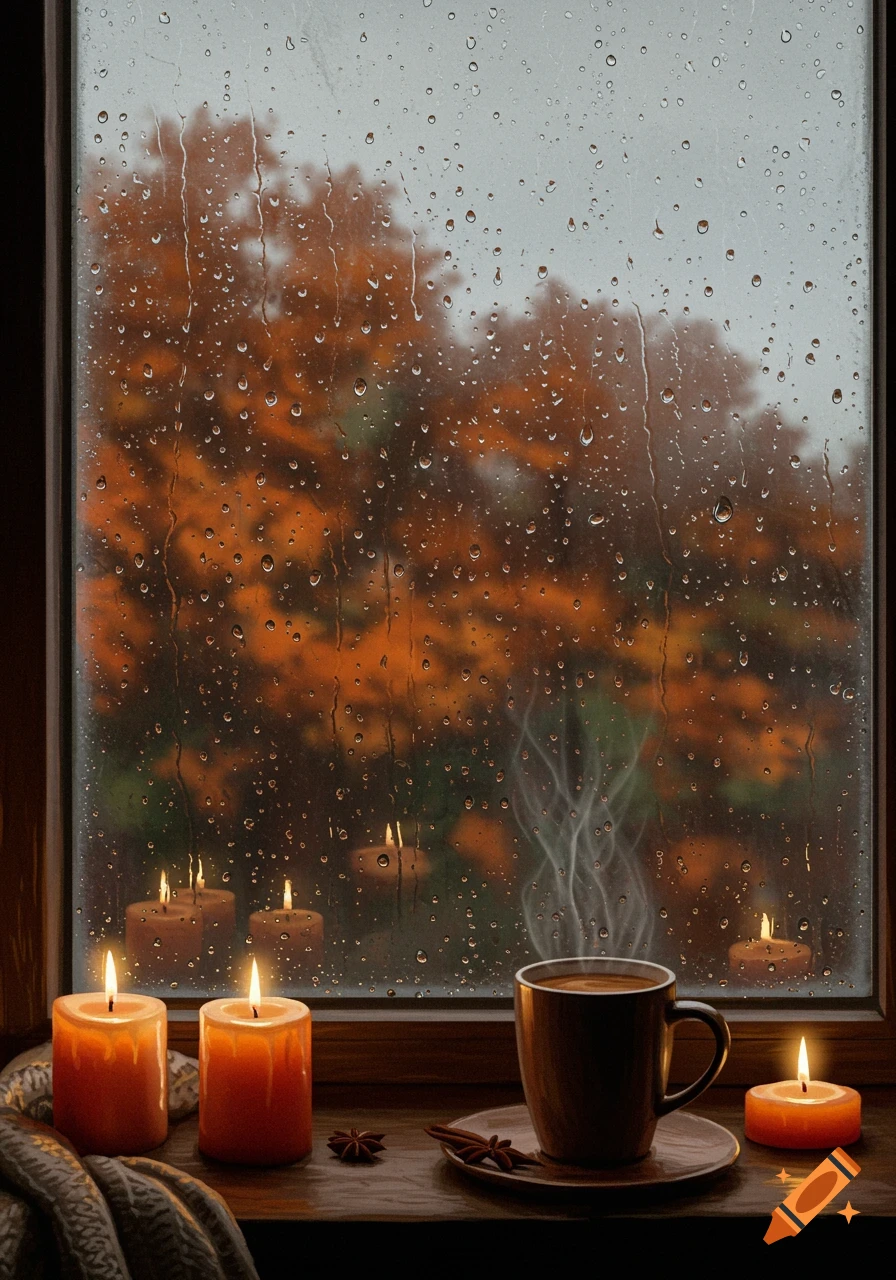 A cozy autumn window scene with raindrops on the glass, blurred orange trees outside, lit candles, and a steaming cup of coffee on the windowsill.