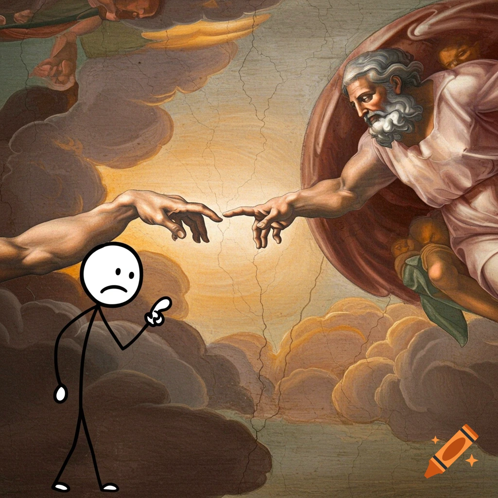 A stick figure with a sad face points at the famous touching hands from Michelangelo's "Creation of Adam" painting.
