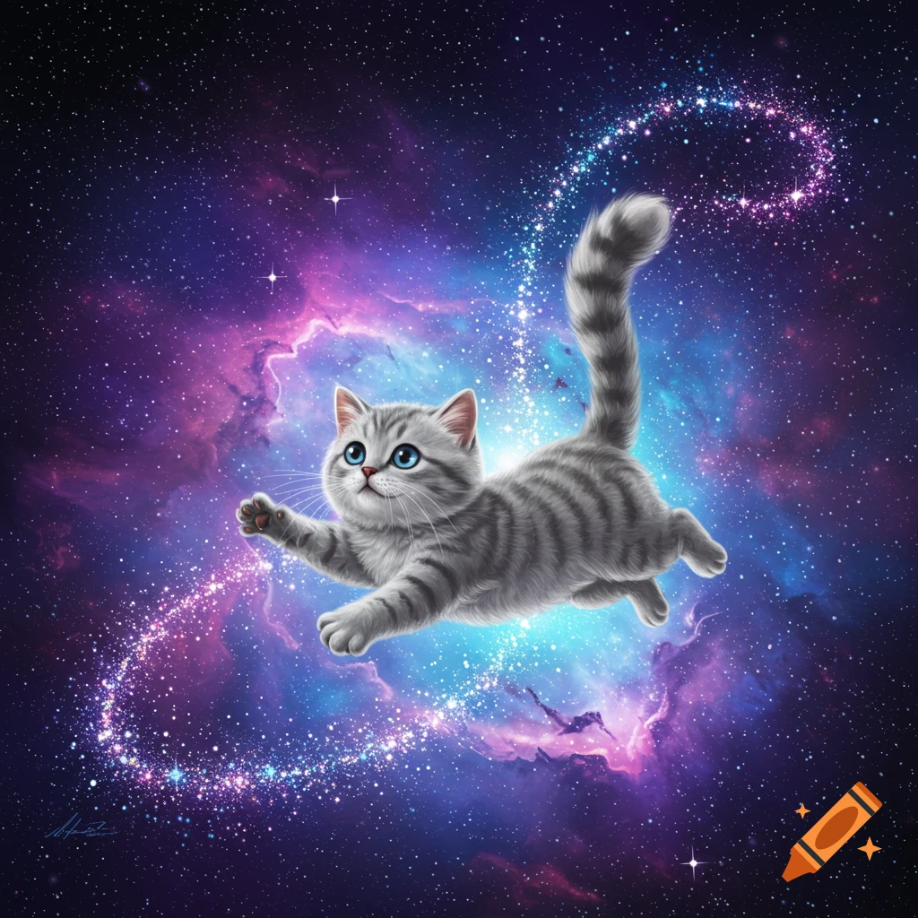 A cute grey tabby cat with blue eyes floats in a vibrant purple and blue galaxy, leaving a sparkling trail.