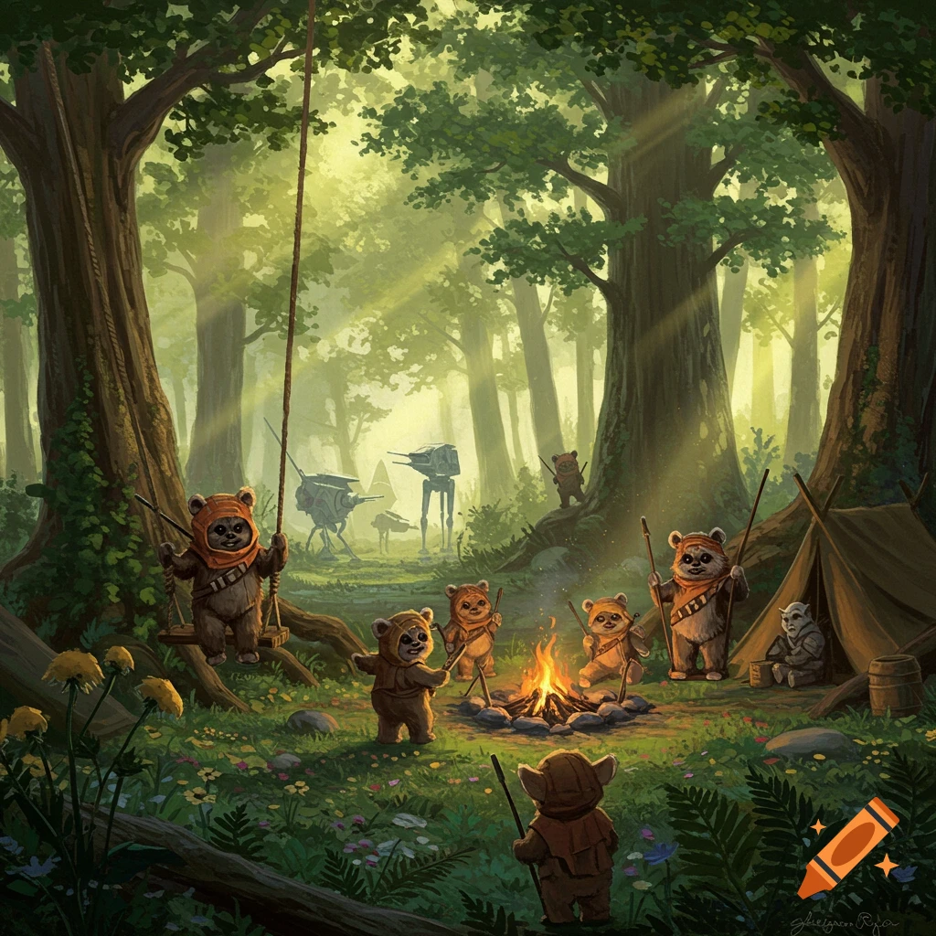 Ewoks camping in a sunlit forest with a campfire and AT-ST walkers in the background, illustrated in a whimsical style.