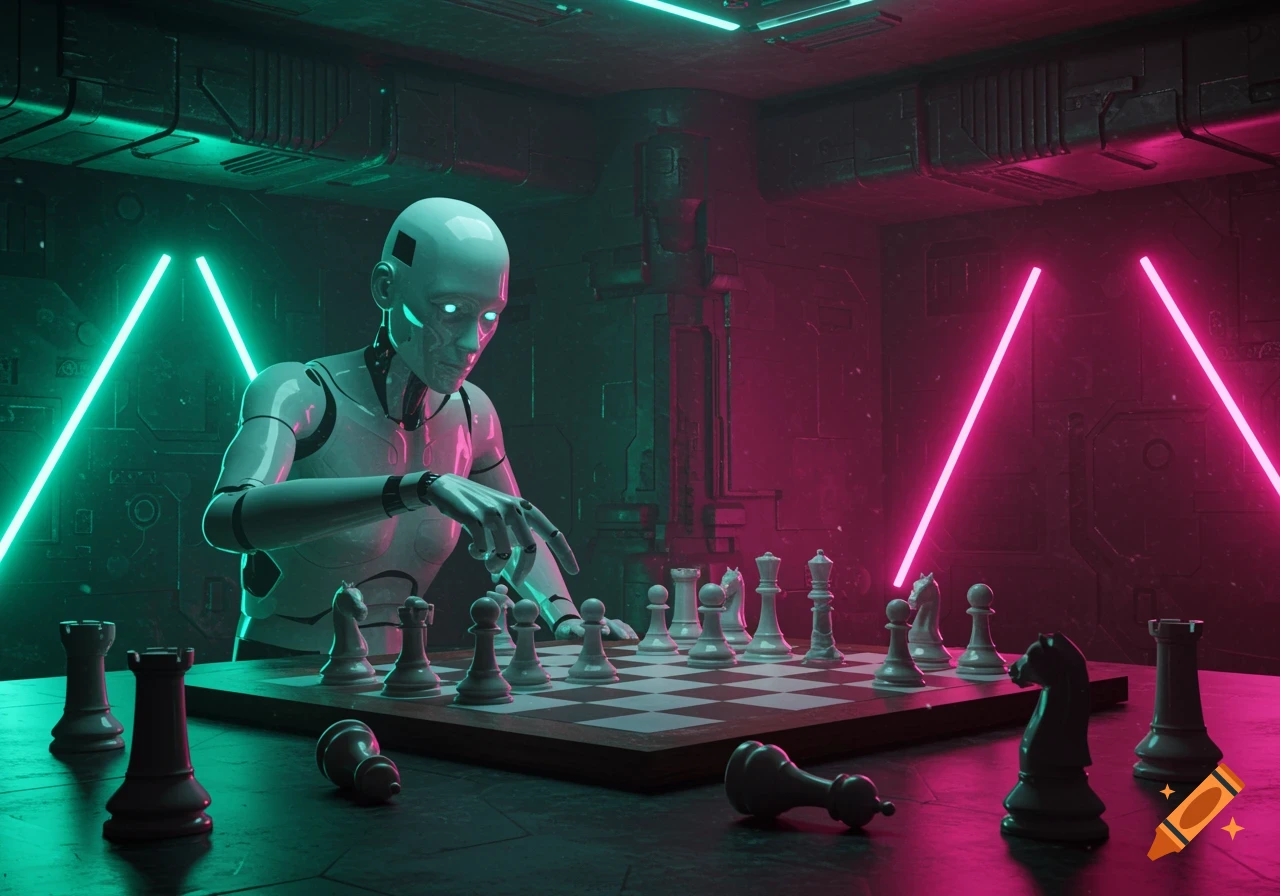 A photorealistic humanoid robot plays chess in a dark, futuristic room illuminated by neon pink and green lights.
