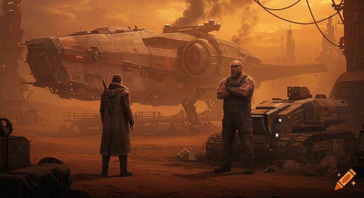 A cinematic digital painting of two men with a large, rugged spaceship on a barren, rusty planet at twilight.