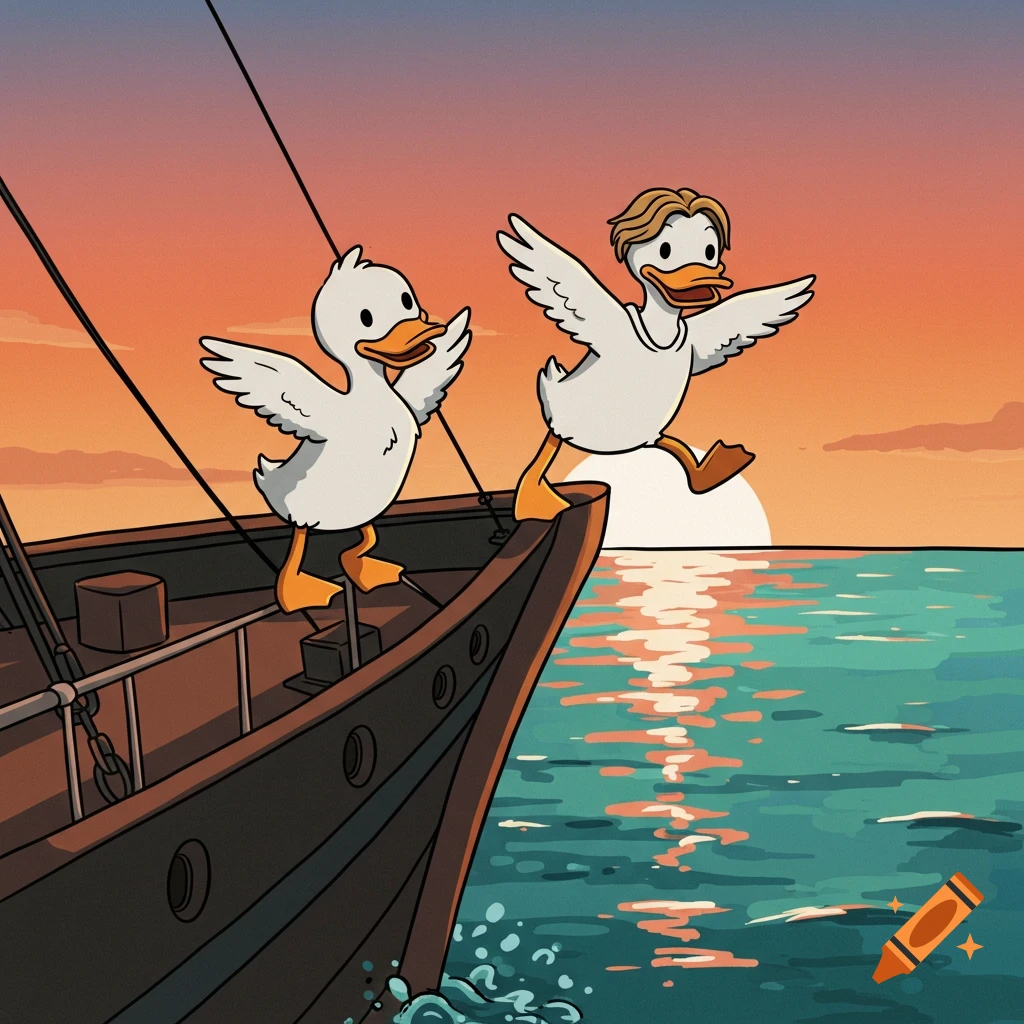 Two funny cartoon ducks stand at the front of a ship at sunset, parodying the Titanic scene.