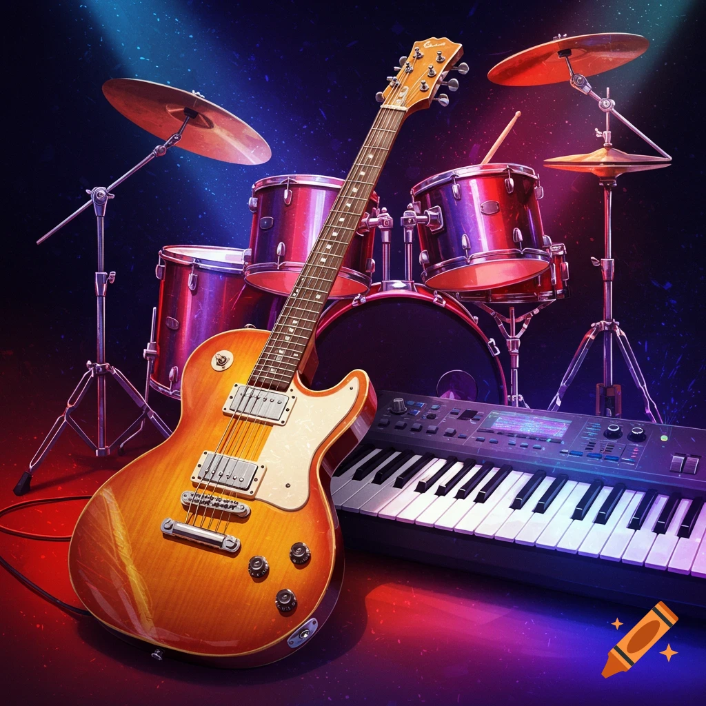 A vibrant guitar, drum kit, and keyboard on a dark stage illuminated by red and blue lights, showcasing musical instruments.