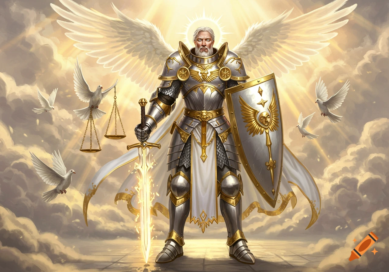 An armored angel with large white wings stands on clouds, holding a glowing sword and shield, surrounded by doves and scales of justice, bathed in golden light.