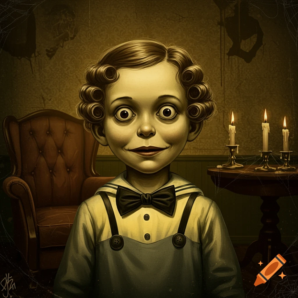 A creepy, wide-eyed, doll-like child with curly hair and a bow tie stands in a vintage, dimly lit room with candles.