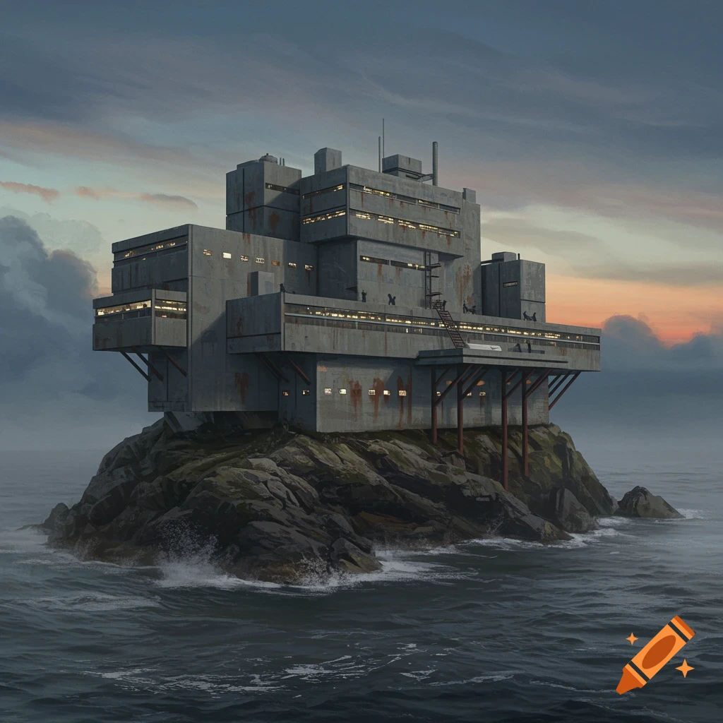 A brutalist research facility stands on a rocky island in the ocean under a dramatic sky at sunset, in the style of an oil painting.