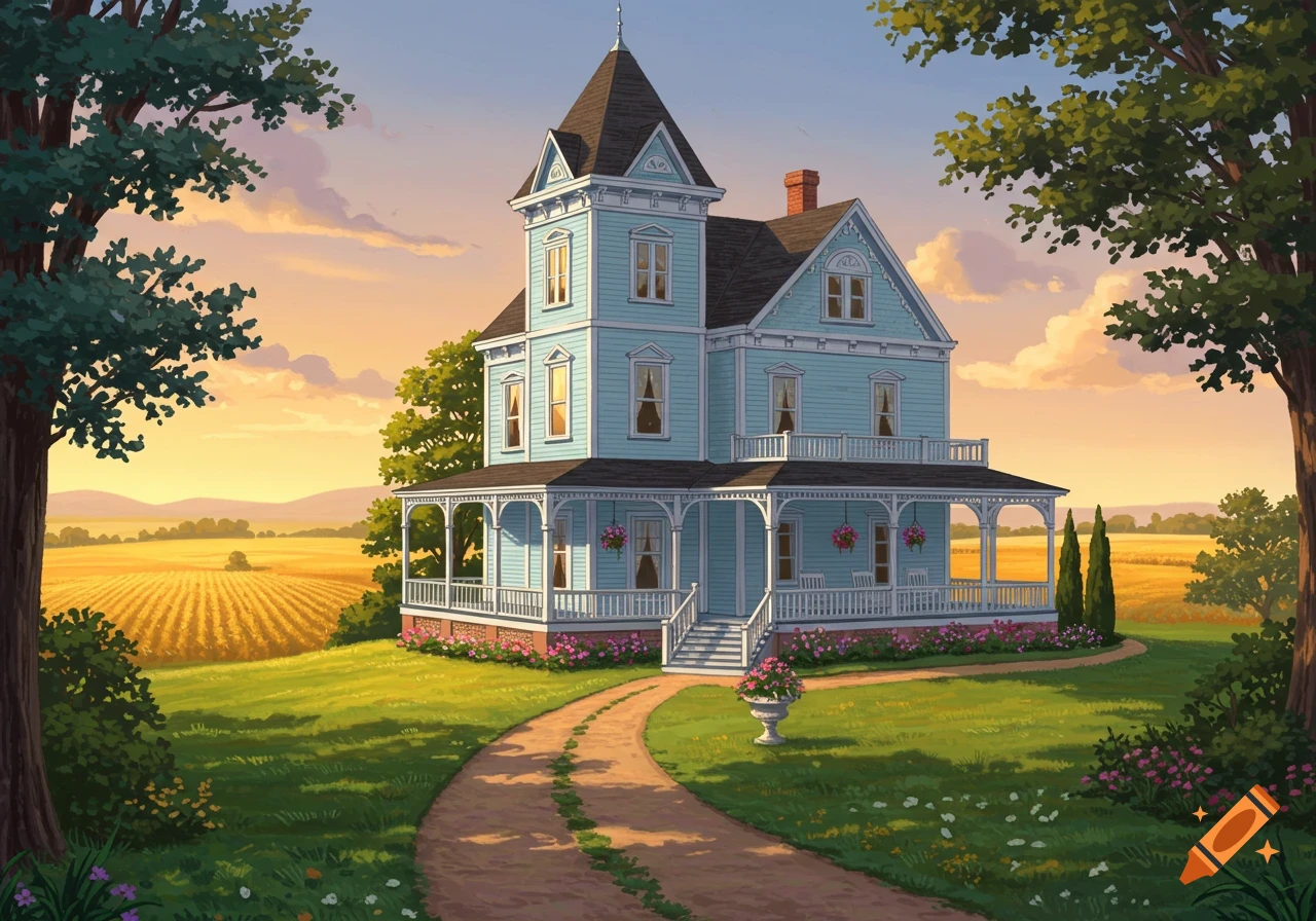 A light blue Victorian house with a white porch sits on a hill overlooking golden farm fields at sunset, in an illustrated style.