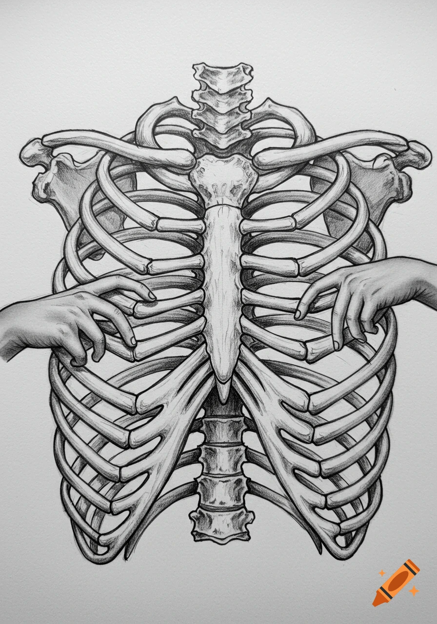 A detailed black and white sketch of a human rib cage with two hands gently touching the ribs.