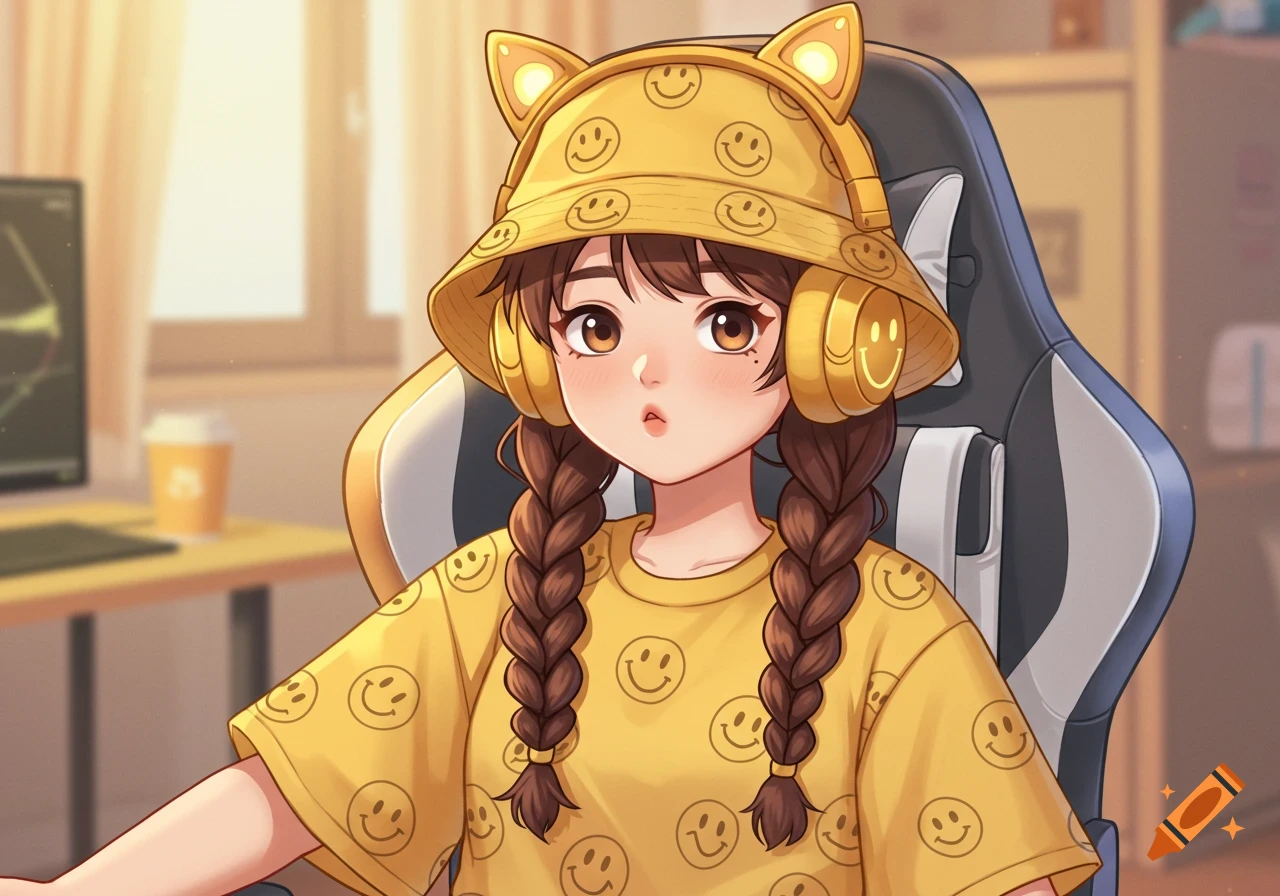 An anime girl with brown braids, a yellow bucket hat, and a smiley face shirt sits in a gaming chair wearing yellow cat headphones.