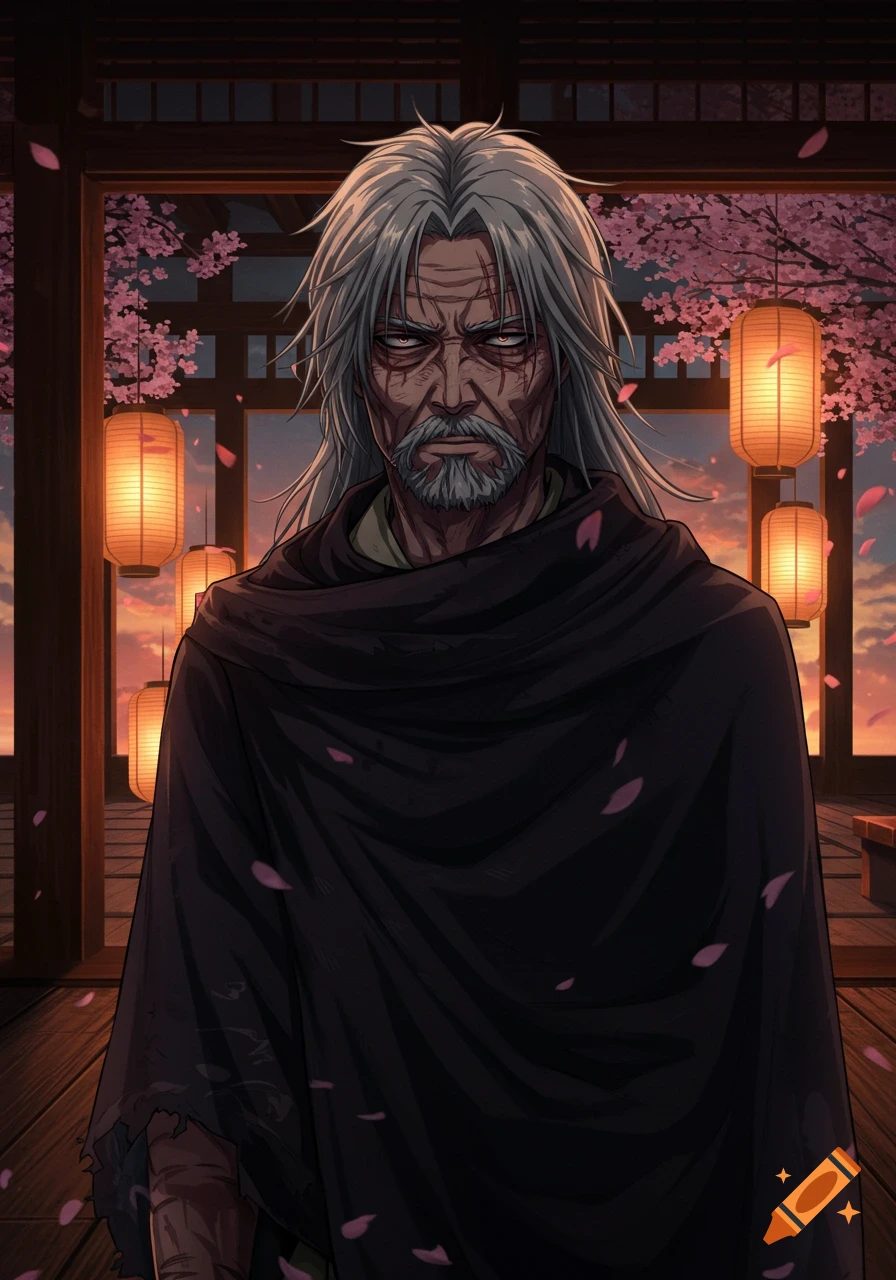 Anime portrait of a grizzled old man with white hair and beard, wearing a dark cloak, in a Japanese setting with cherry blossoms and lanterns.