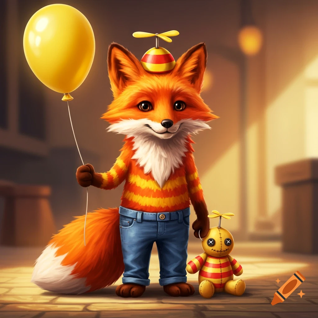 A cartoon fox in a striped shirt and jeans holds a yellow balloon, standing next to a plushie with a propeller hat.