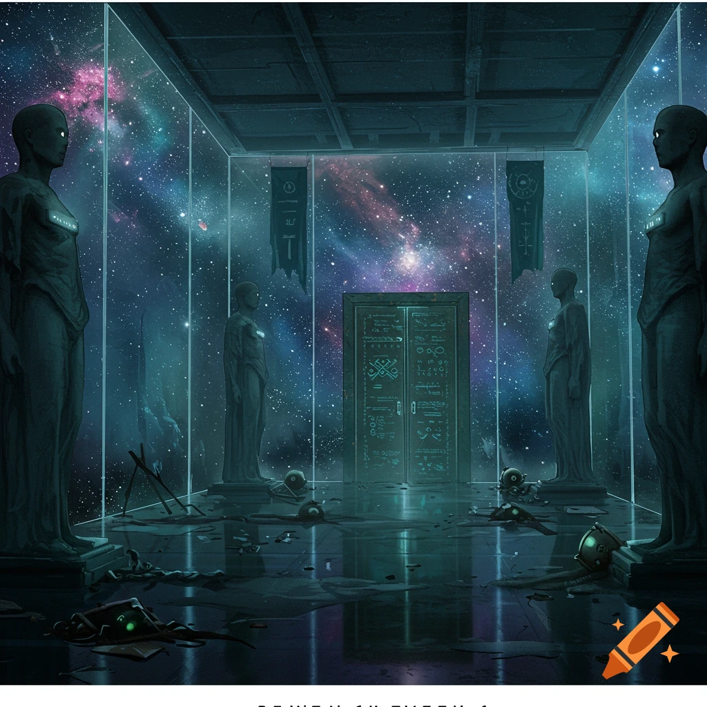 An echoing hall with glass walls revealing a vibrant galaxy, flanked by mysterious statues. Strange debris litters the floor, leading to a large, ancient door at the far end.