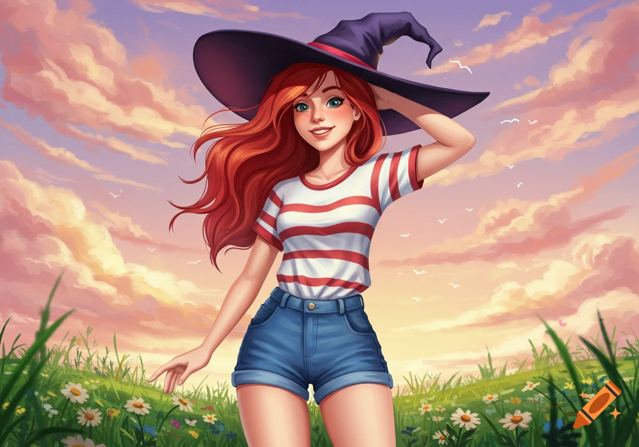 Stylized illustration of a red-haired woman in a witch hat, striped shirt, and shorts in a flowery field under a sunset sky.