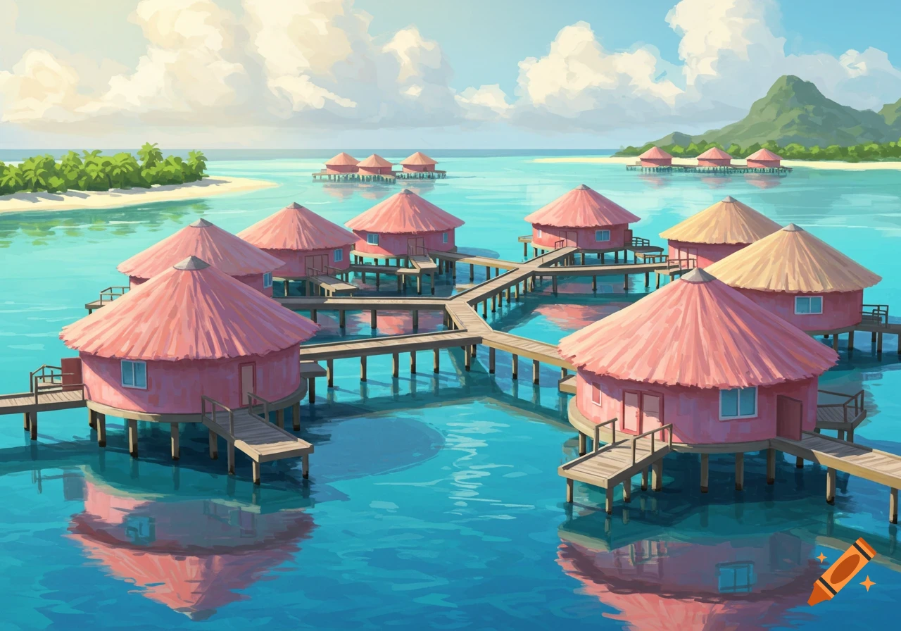 Illustrative view of pink overwater bungalows connected by walkways in a clear blue lagoon with an island and mountains.