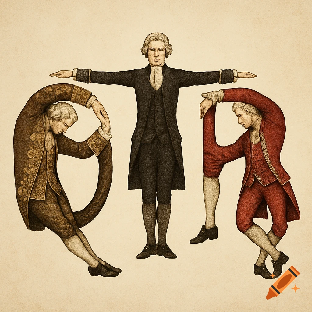 Three men in 18th-century clothing form the letters O, T, and R, in an illustrative style.