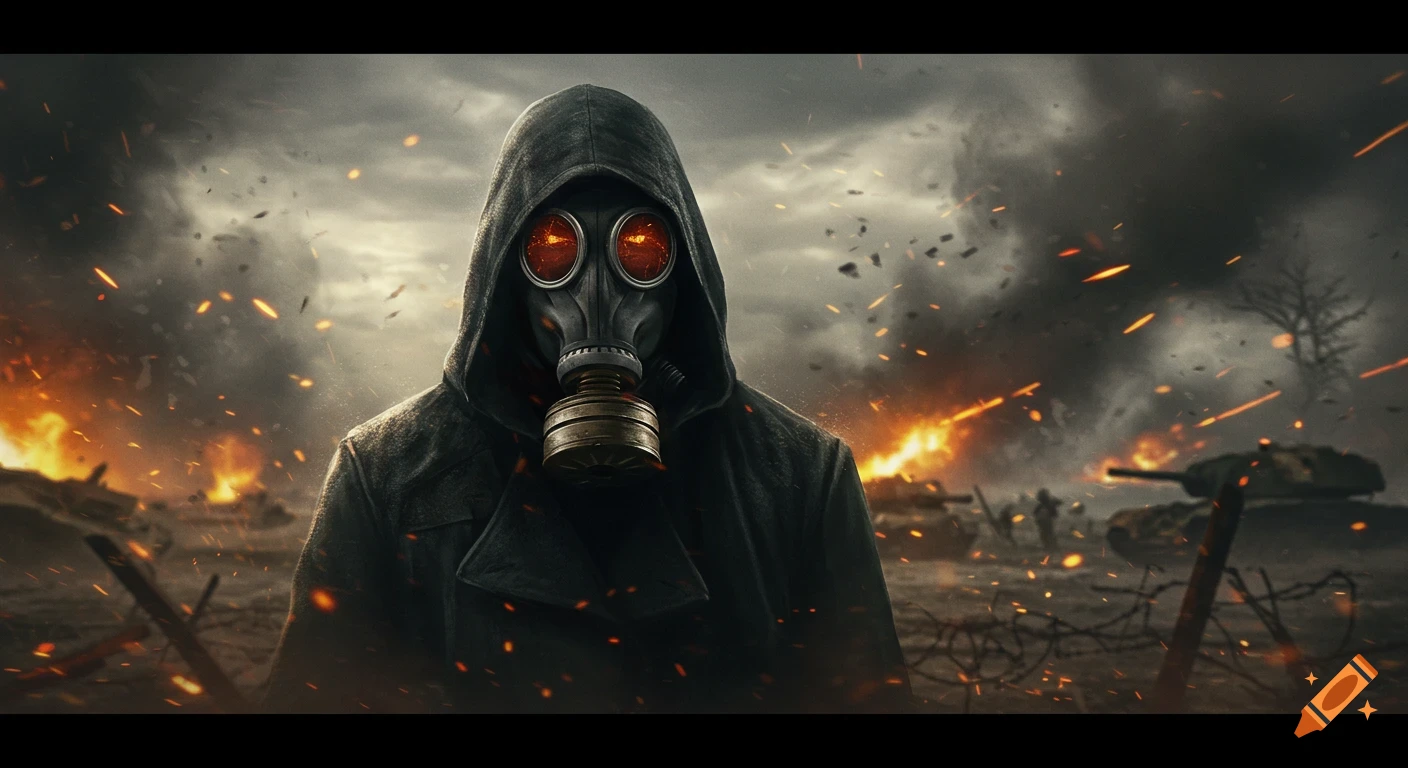 A hooded figure in a gas mask stands on a burning battlefield with tanks and smoke in a cinematic style.