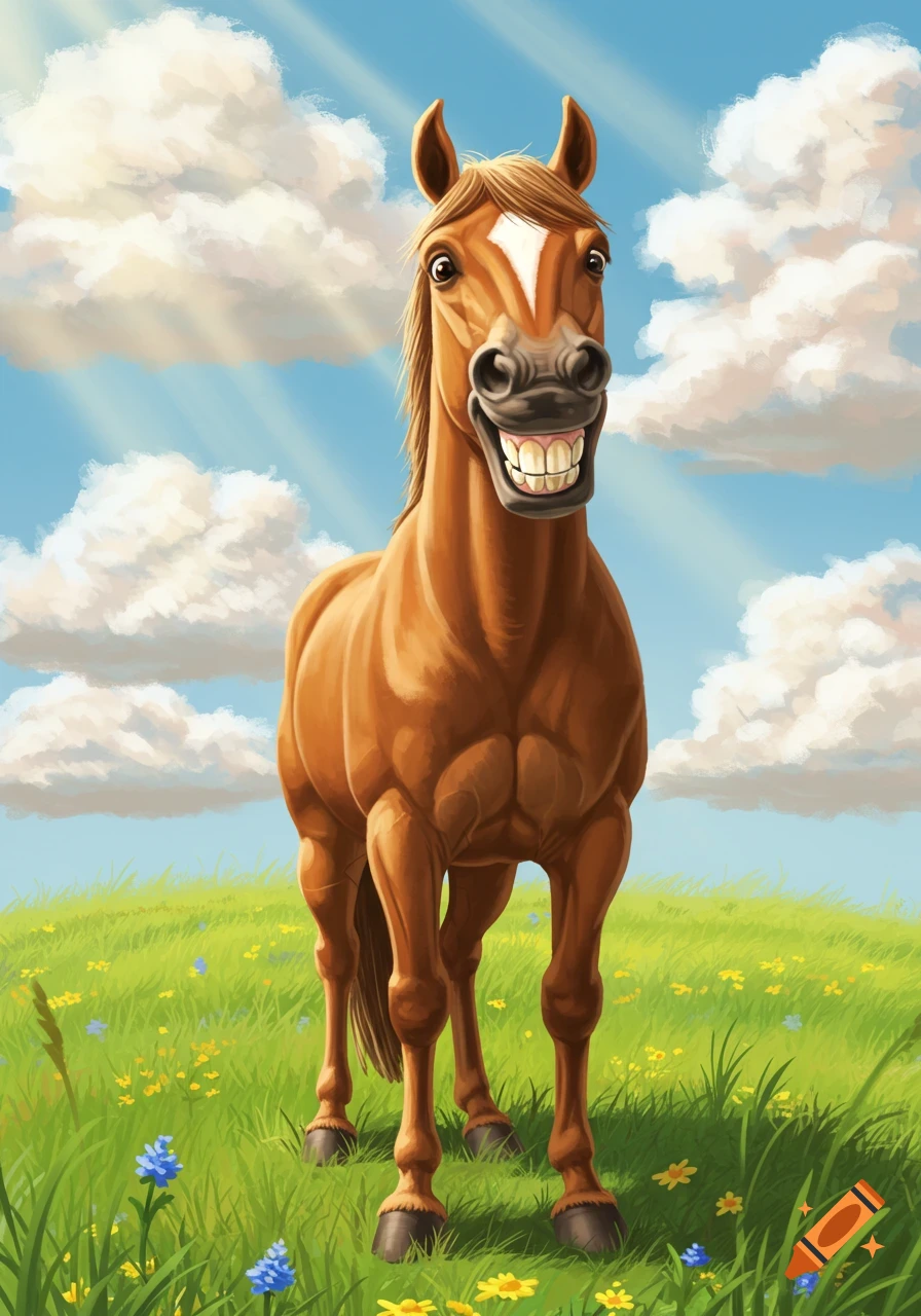 Cartoon brown horse with a huge smile and white teeth stands in a sunny green field under a blue sky with clouds.
