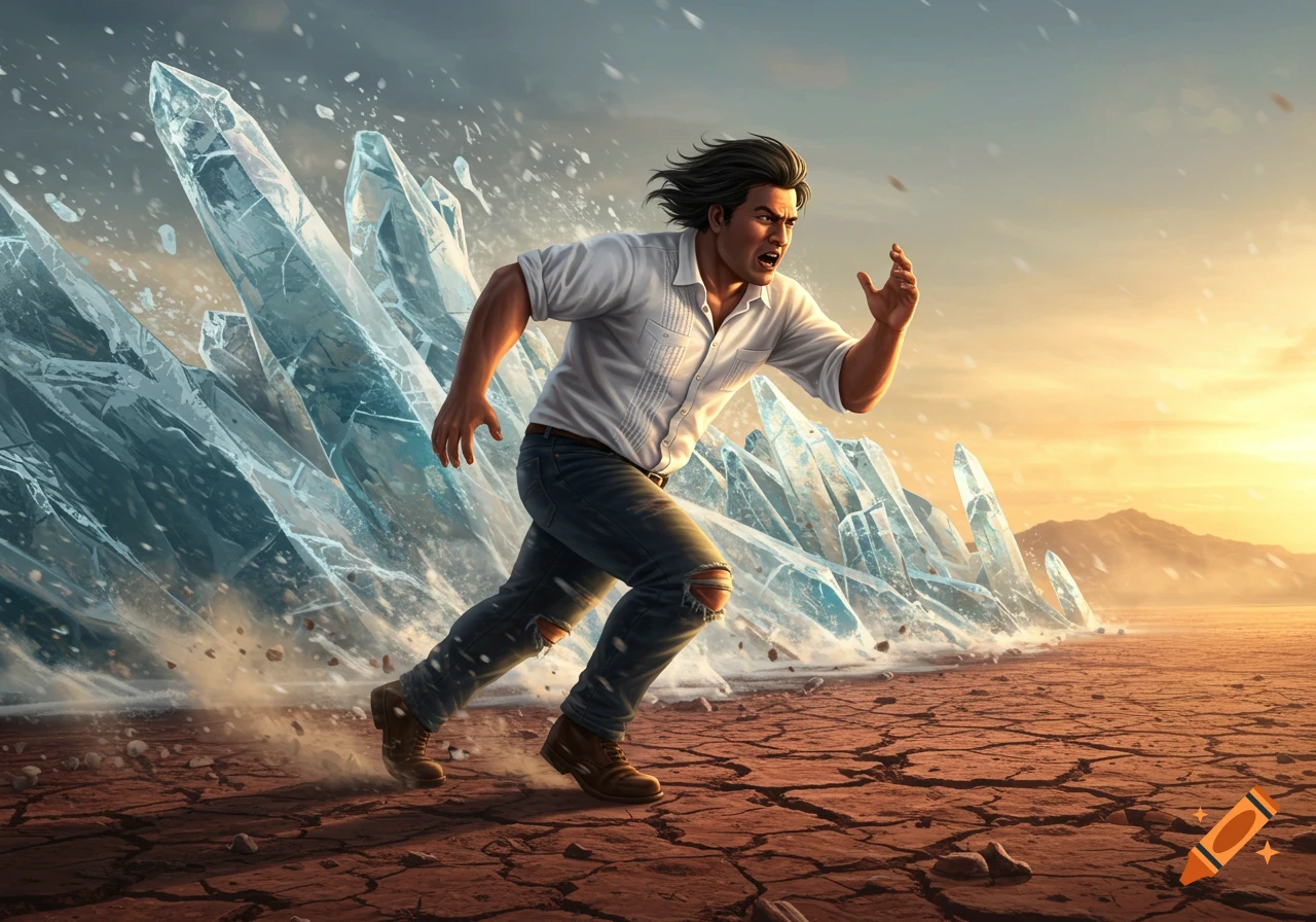 A man runs in terror from large, jagged ice shards erupting from cracked desert ground under a dramatic sunset.