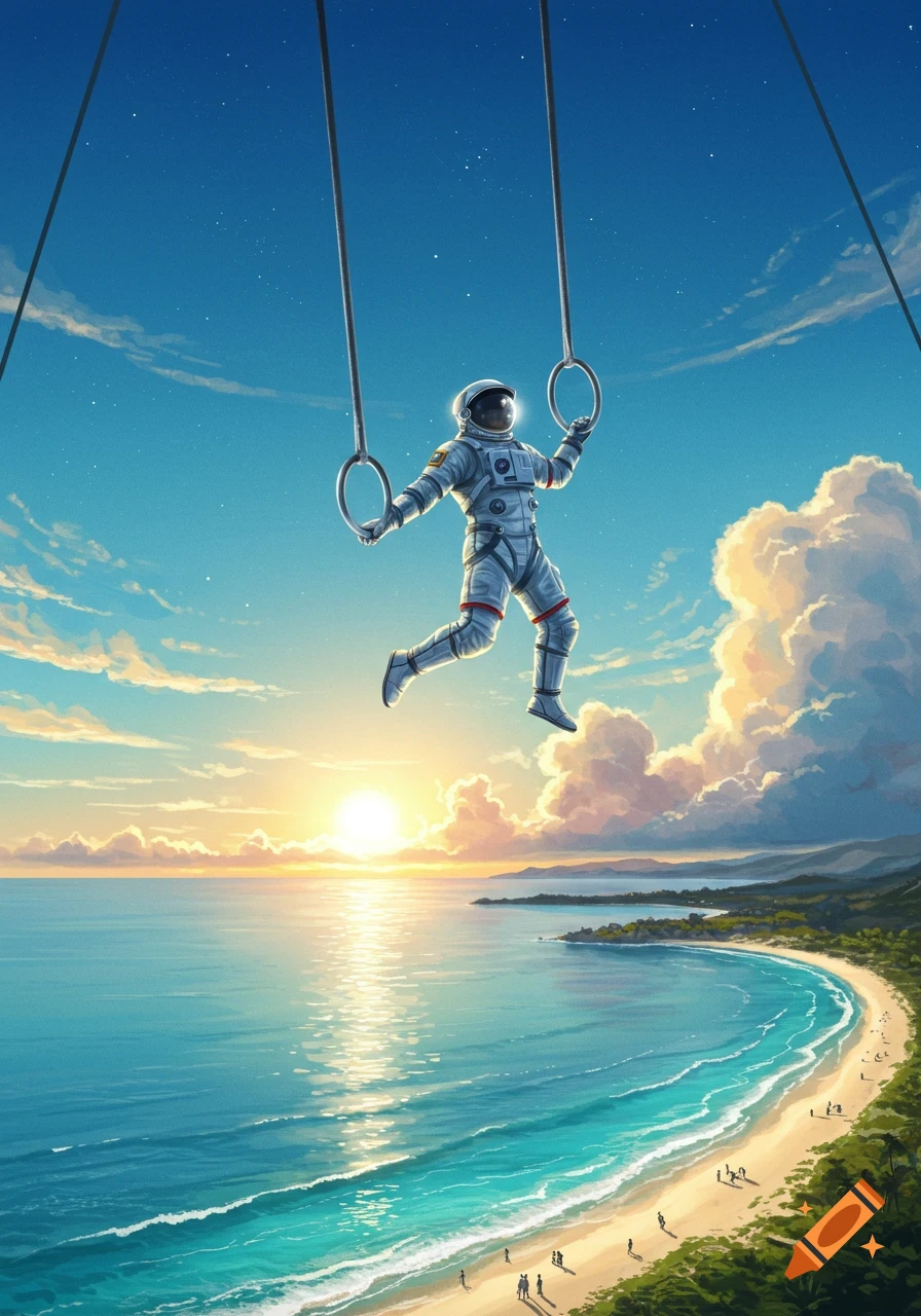 An astronaut floats in the sky, holding onto gymnastic rings, high above a tropical beach with a vibrant sunset over the ocean.