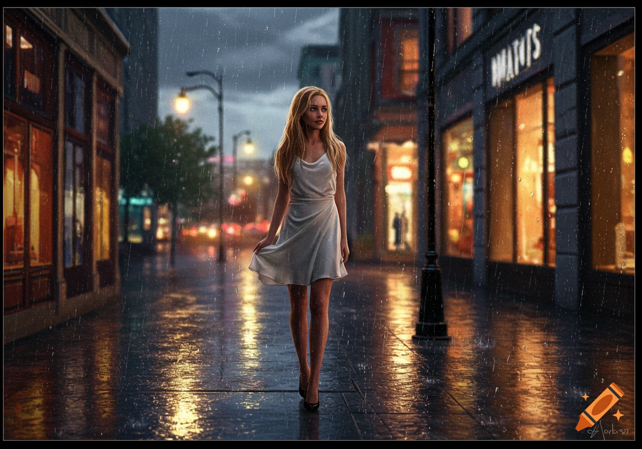A photorealistic image of a young blonde woman in a white dress and black heels walking on a rainy downtown city street at night, with illuminated shop windows reflecting on the wet pavement.