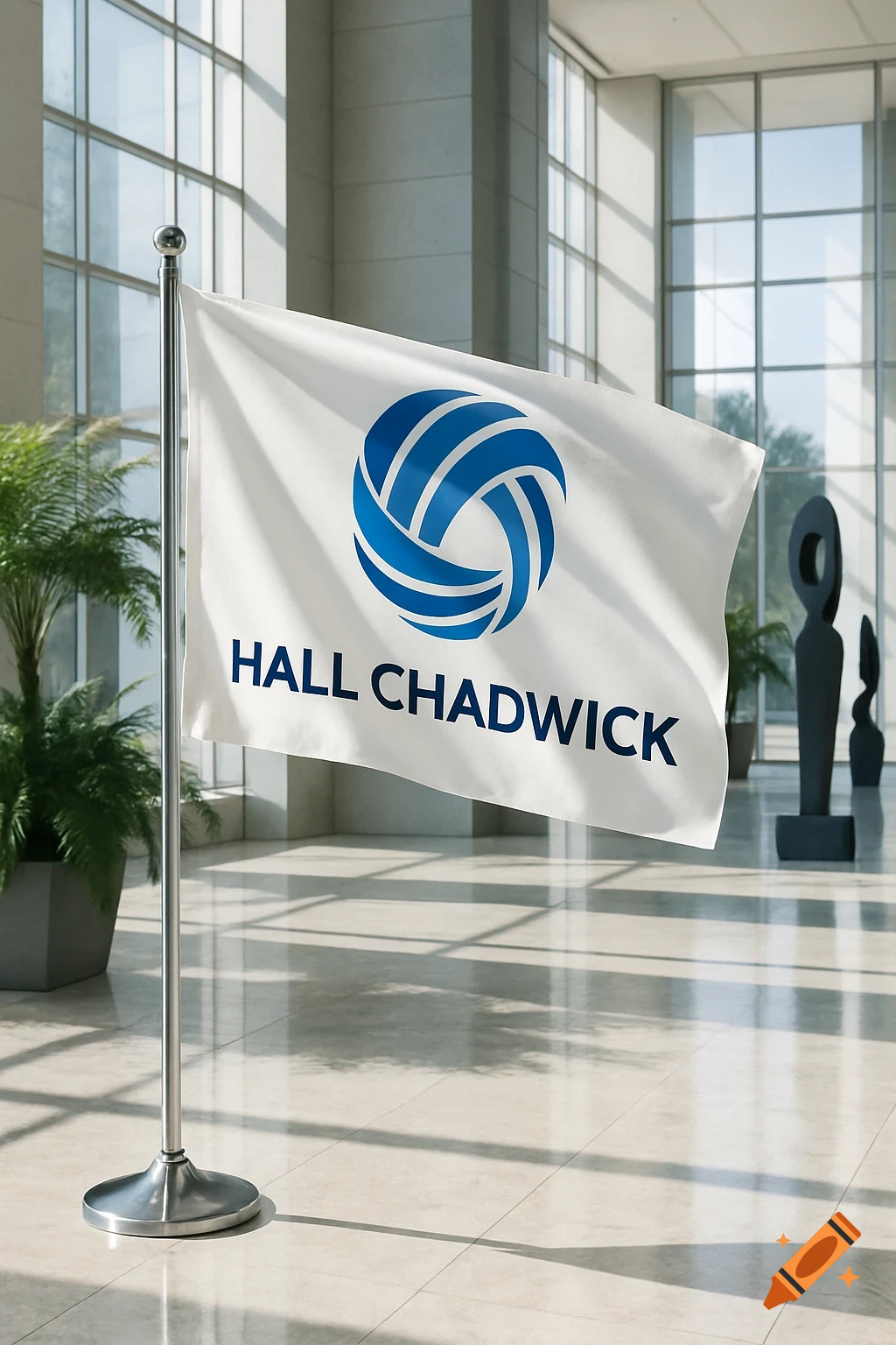 A white flag with a blue circular logo and "HALL CHADWICK" text, waving in a modern office lobby with large windows.