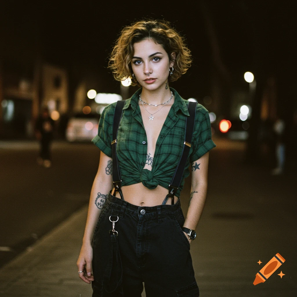 A young woman with short curly hair, wearing a green plaid crop top and black cargo pants with suspenders, stands on a street at night.