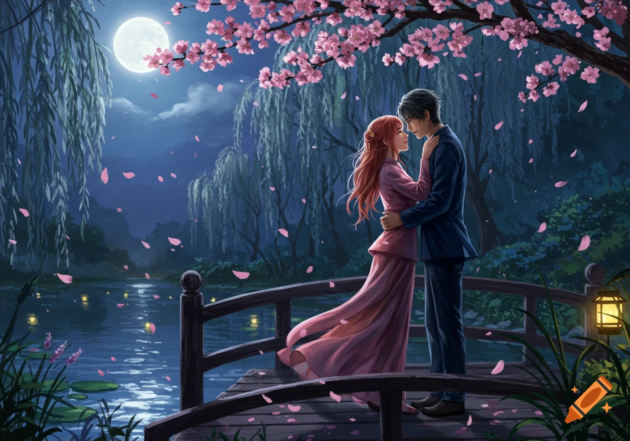 Anime illustration of a couple embracing on a bridge under cherry blossoms and a full moon by a lake at night.