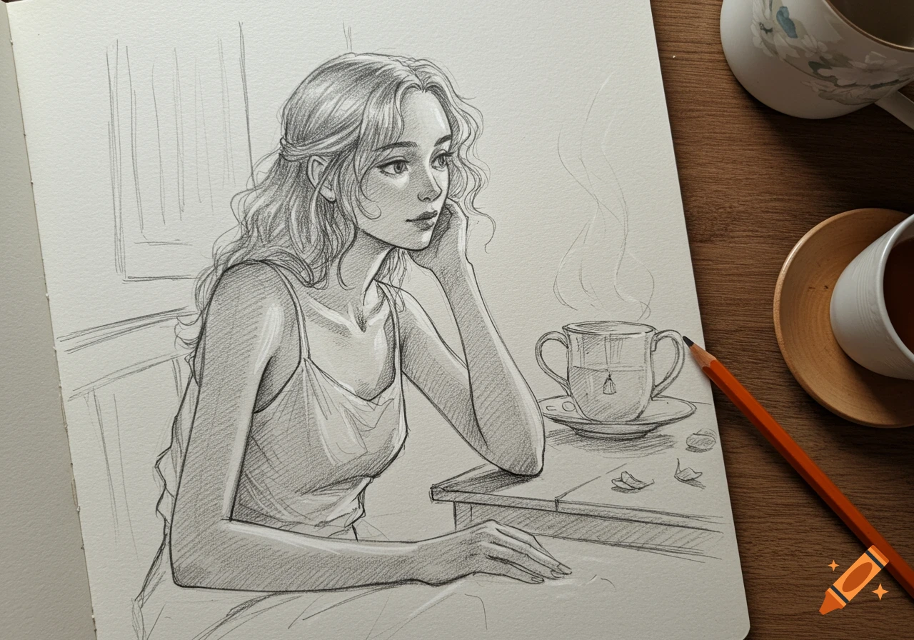 A pencil sketch of a young woman with wavy hair looking out, resting her head on her hand, next to a steaming cup of tea in a sketchbook.