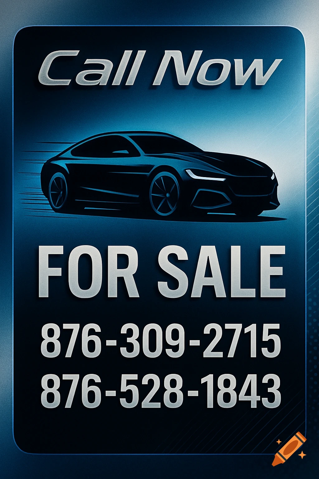 A 'Call Now FOR SALE' sign with a dark blue car illustration and two phone numbers on a blue gradient background.