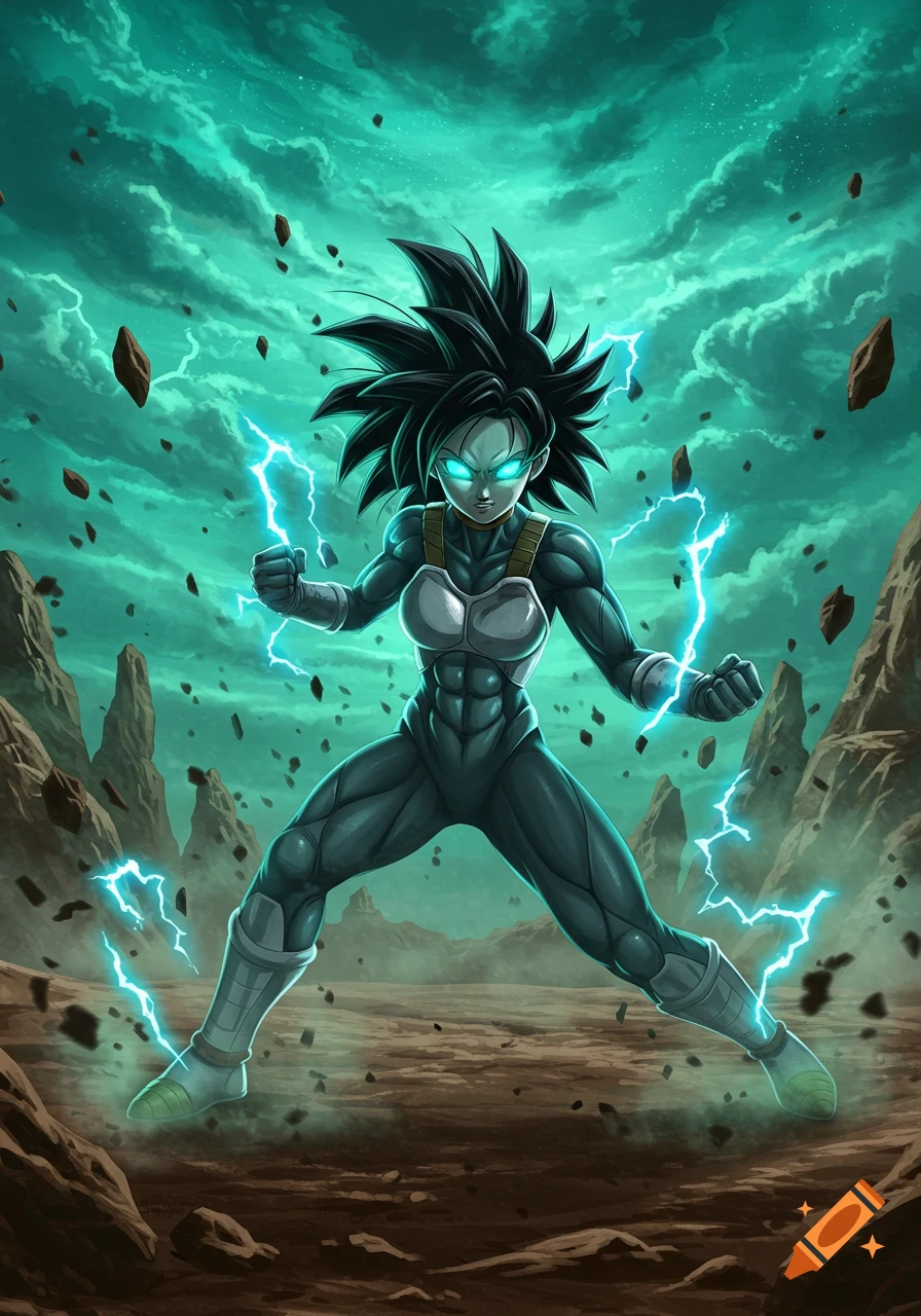 A powerful, dark-haired female warrior in a sci-fi suit with glowing blue eyes and lightning, standing in a desolate, rocky landscape under a stormy teal sky.