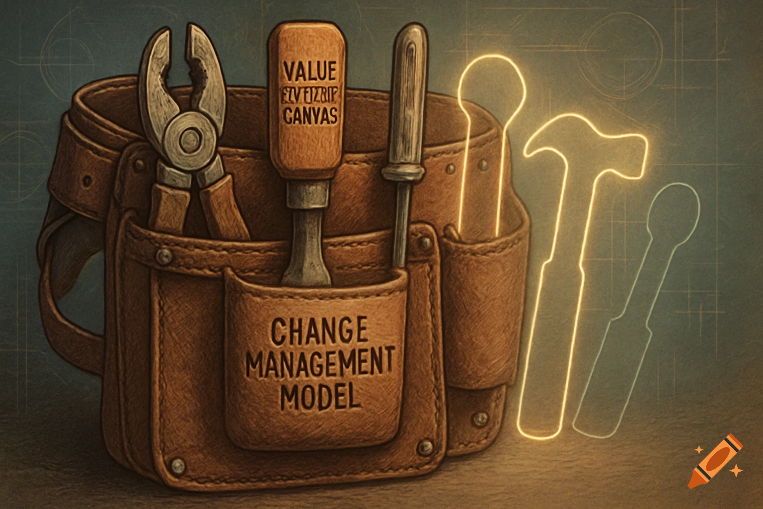 A rugged leather toolbelt holds tools labeled 'Value' and 'Change Management Model', with glowing tool outlines and a blueprint background.
