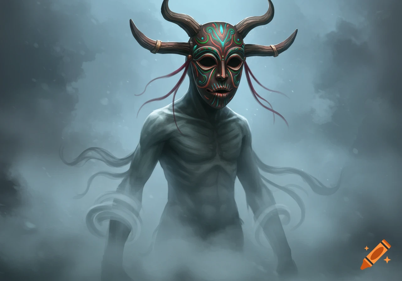 A gaunt, pale ghostly monster with a tribal horned mask stands in a misty, dark environment.