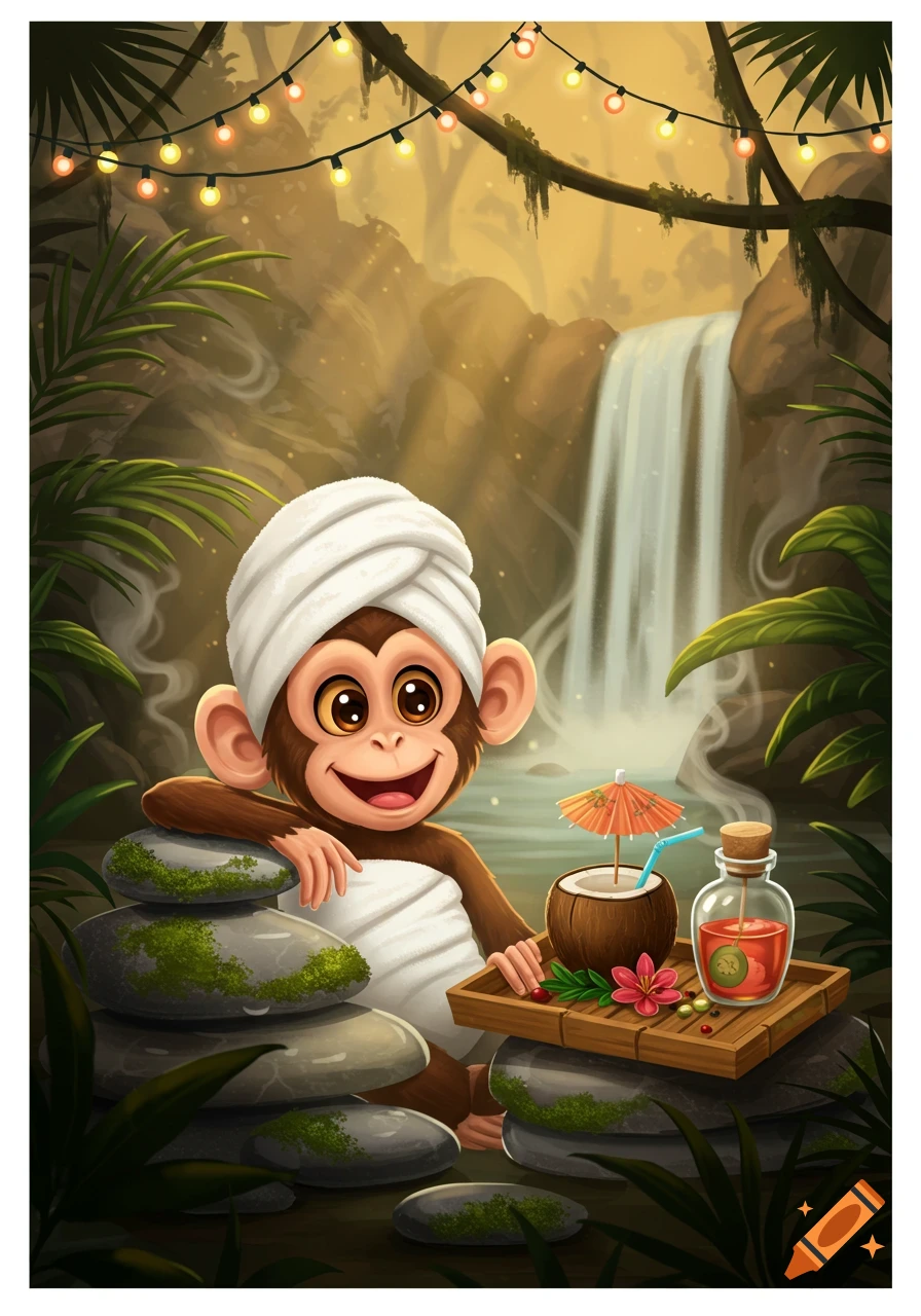 Cartoon monkey in a white spa towel in a jungle by a waterfall, with a coconut drink and spa items.