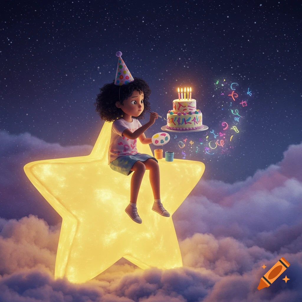 A curly-haired girl in a party hat sits on a giant glowing star, painting a floating birthday cake in a starry night sky, dreamlike illustration.